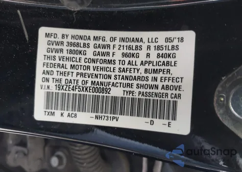 2019 Honda Insight Ex z USA, uszkodzony, nr VIN 19XZE4F5XKE000892